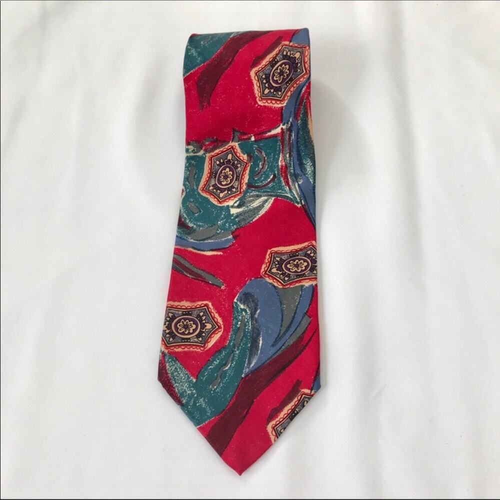 Robert Talbott Red Blue Teal Tie Silk Hand Sewn Abstract Design